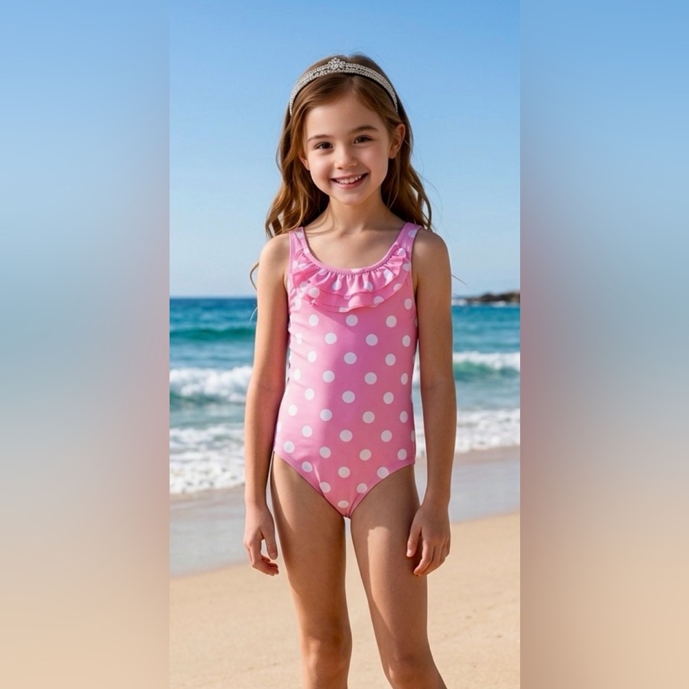 E.land Swimsuit Girl’s 5 S One-piece Pink White polka dots ruffles Criss-cross